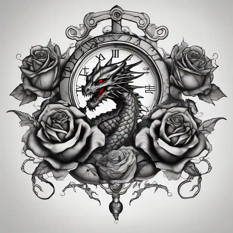 Dark cancer zodiac sign tattoo with dragon, clock and roses on background fishing tattoos